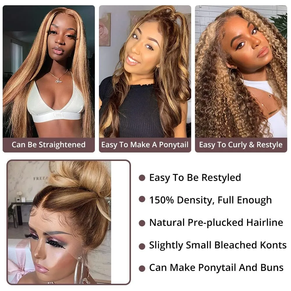 250% Density 360 Lace Front Wigs Human Hair Pre Plucked Honey Blonde Body Wave Lace Front Wigs with Baby Hair Full 360 Glueless HD Transparent Lace Front Human Hair Wigs for women 4/27 Human Hair Wig