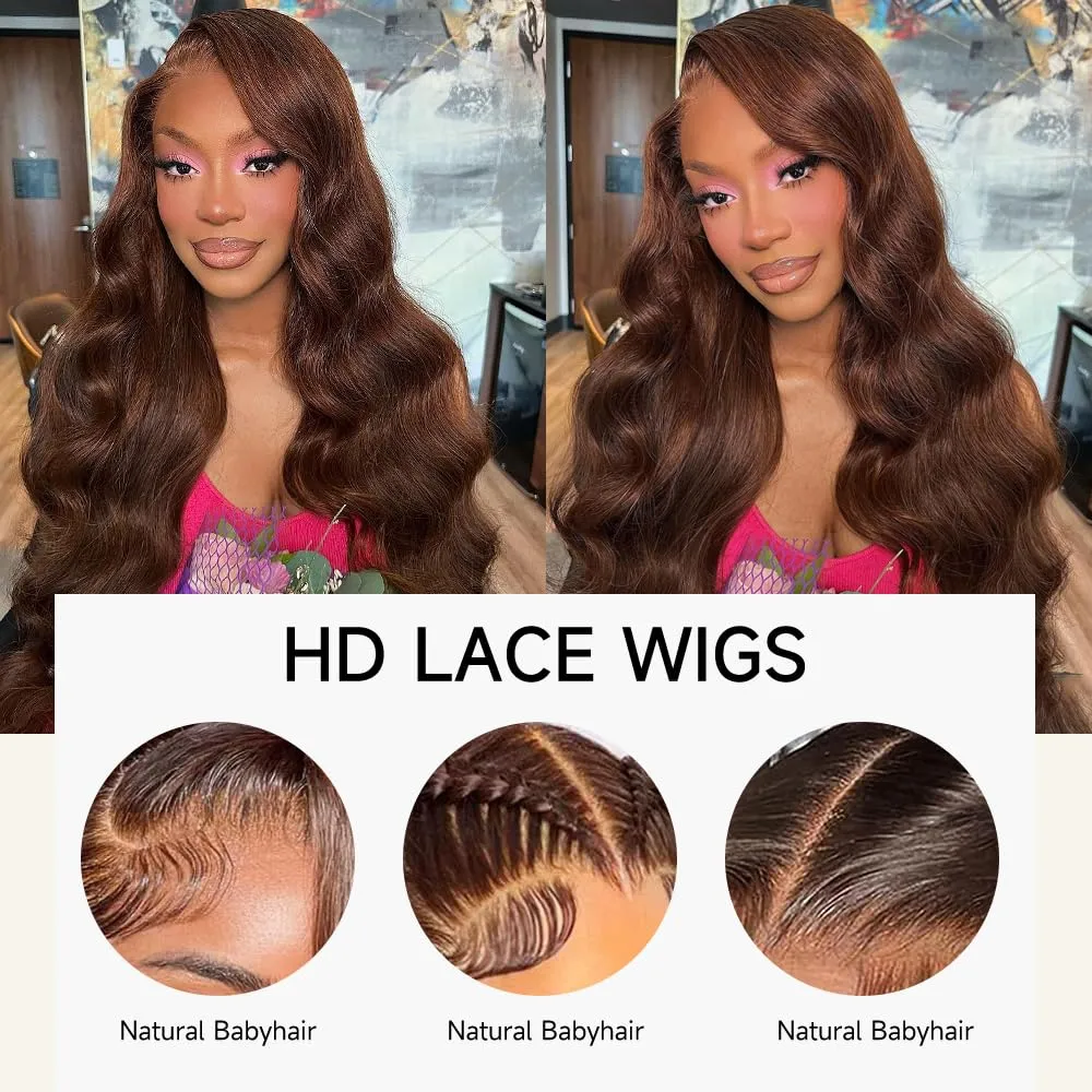 26 Inch Chocolate Brown Lace Front Wig 13x4 Body Wave Lace Front Wigs Human Hair Pre Plucked with Baby Hair Brown Wig Human Hair 200 Density HD Lace Frontal Wigs Human Hair