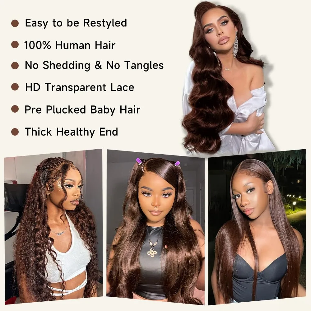 26 Inch Chocolate Brown Lace Front Wig 13x4 Body Wave Lace Front Wigs Human Hair Pre Plucked with Baby Hair Brown Wig Human Hair 200 Density HD Lace Frontal Wigs Human Hair