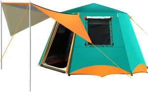 3-4 Person Automatic Tent with Porch Camping Pop Up Tent with 2 Door and 2 Windows Double Layer Instant Family Tent for Camping Outdoor Hiking, Easy Set Up (Red 3) (Green 5)
