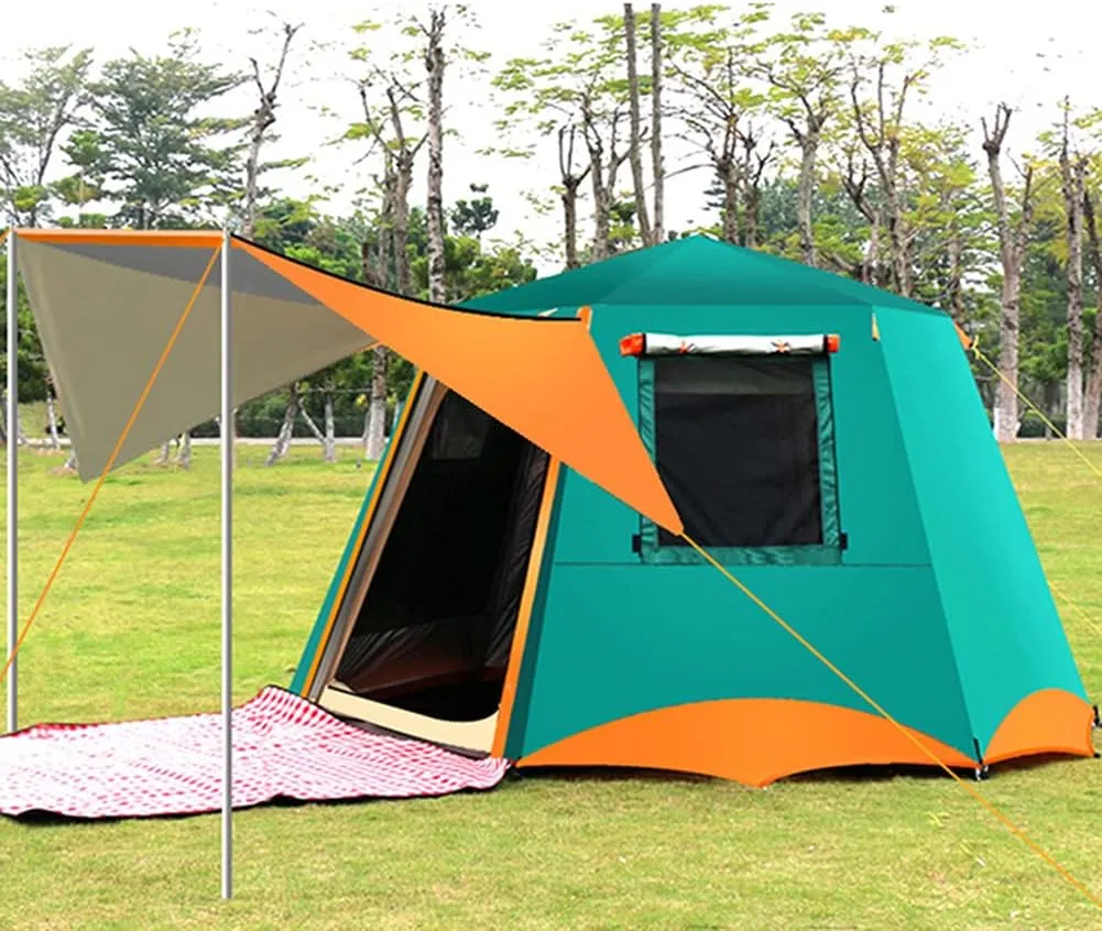 3-4 Person Automatic Tent with Porch Camping Pop Up Tent with 2 Door and 2 Windows Double Layer Instant Family Tent for Camping Outdoor Hiking, Easy Set Up (Red 3) (Green 5)