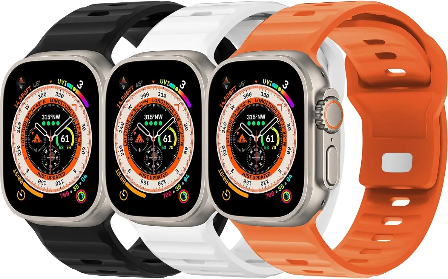3 Pack Sport Band Compatible with Apple Watch Ultra Band 49mm Men Women, Adjustable Waterproof Silicone Strap for iWatch Series for iWatch Series Ultra2/Ultra1 SE/9/8/7/6/5/4/3/2/1, Orange/White/Black