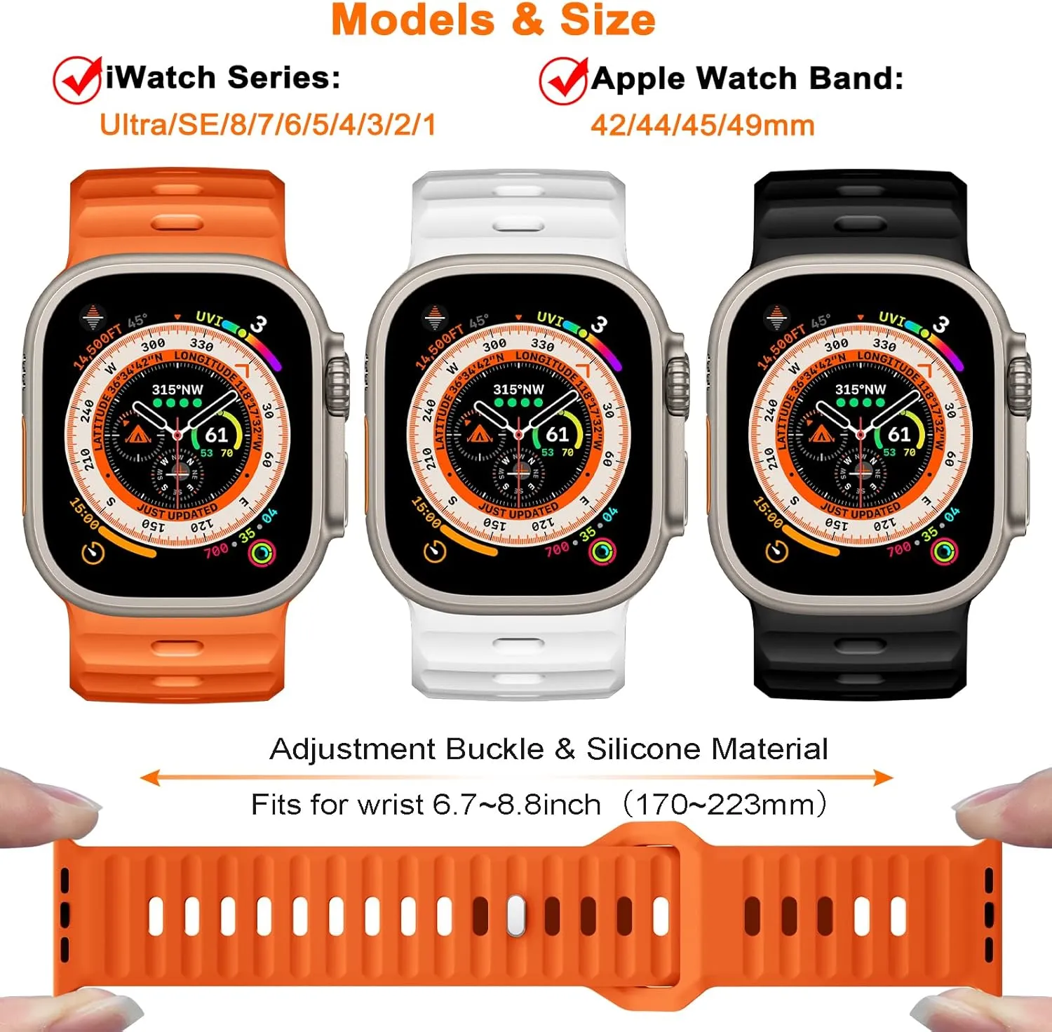 3 Pack Sport Band Compatible with Apple Watch Ultra Band 49mm Men Women, Adjustable Waterproof Silicone Strap for iWatch Series for iWatch Series Ultra2/Ultra1 SE/9/8/7/6/5/4/3/2/1, Orange/White/Black