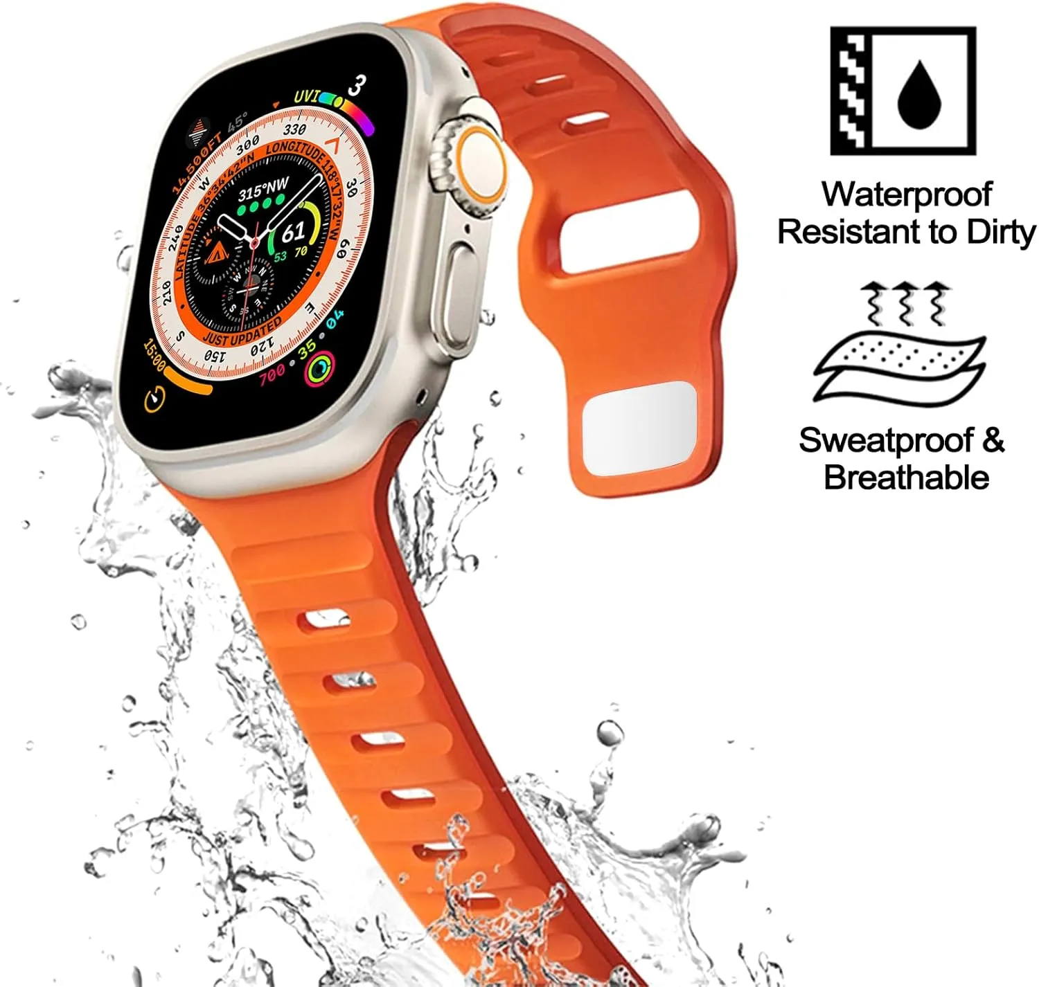 3 Pack Sport Band Compatible with Apple Watch Ultra Band 49mm Men Women, Adjustable Waterproof Silicone Strap for iWatch Series for iWatch Series Ultra2/Ultra1 SE/9/8/7/6/5/4/3/2/1, Orange/White/Black