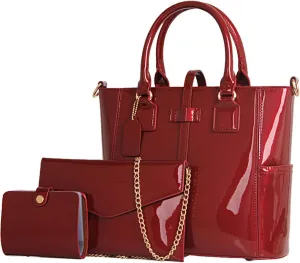 3-PC Patent Women Handbag Crossbody Bag Card Bag Shiny Faux Leather Top Handle Satchel Shoulder Tote Bag Purses