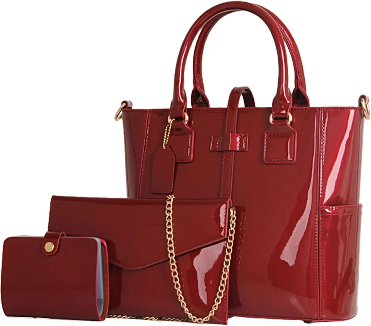 3-PC Patent Women Handbag Crossbody Bag Card Bag Shiny Faux Leather Top Handle Satchel Shoulder Tote Bag Purses