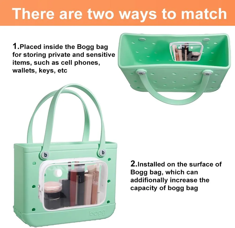 3 Pcs Clear Bogg Beach Tote Bag with 4 Pcs Insert Hooks Accessories for Bogg Bags Travel Makeup Clean Toiletry Brush Organizer Cosmetic Divider Storage Inner Pouch (White set of 3)