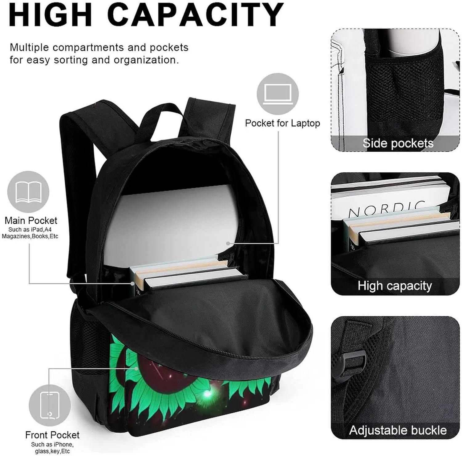 3 Piece Rucksack Large Capacity Carry On Backpack for Gym Outdoors Bicycle - Space Sunflowers Art, Travel Hiking Daypack   Lunch Bag   Pencil Bag