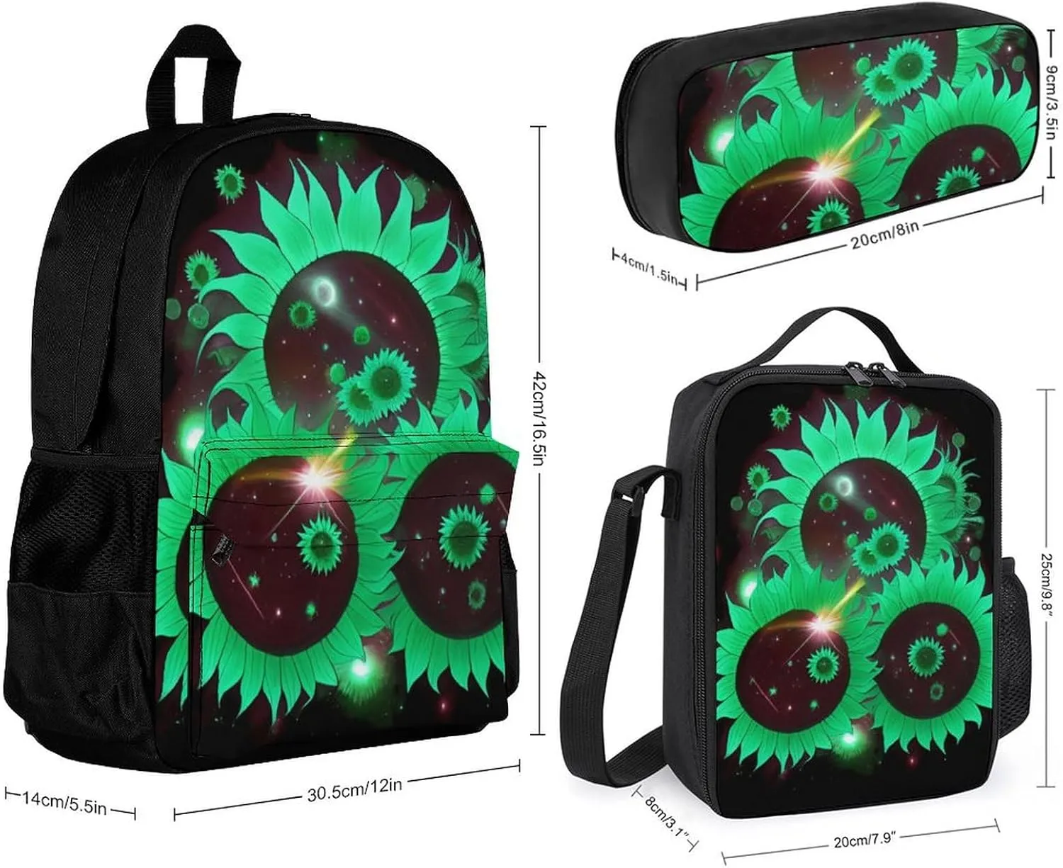 3 Piece Rucksack Large Capacity Carry On Backpack for Gym Outdoors Bicycle - Space Sunflowers Art, Travel Hiking Daypack   Lunch Bag   Pencil Bag