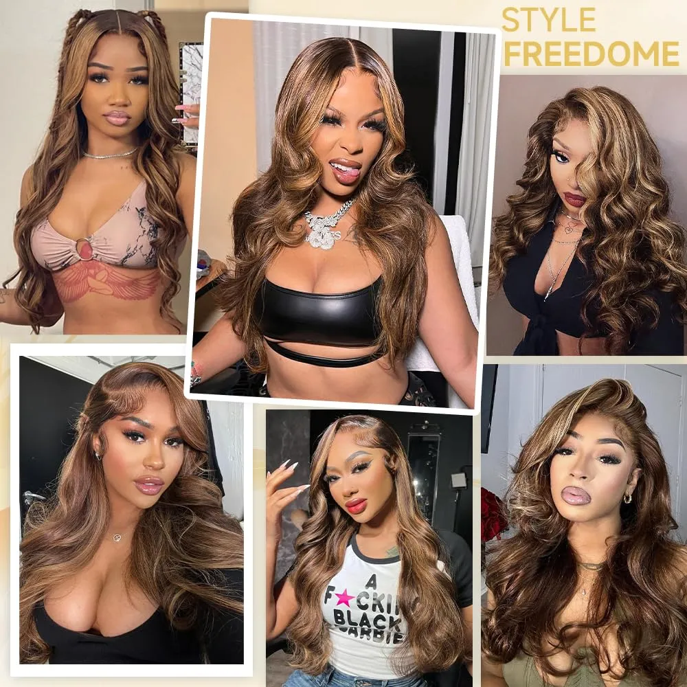 30Inch Ombre Lace Front Wig Human Hair Pre Plucked Highlight 13X4 Body Wave Lace Front Wigs Human Hair With Baby Hair 200% Density Honey Blonde 4/27 Colored Wigs For Women