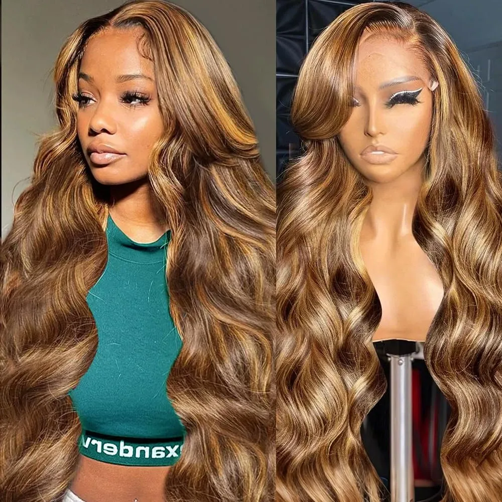 30Inch Ombre Lace Front Wig Human Hair Pre Plucked Highlight 13X4 Body Wave Lace Front Wigs Human Hair With Baby Hair 200% Density Honey Blonde 4/27 Colored Wigs For Women