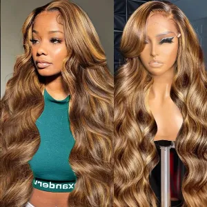 30Inch Ombre Lace Front Wig Human Hair Pre Plucked Highlight 13X4 Body Wave Lace Front Wigs Human Hair With Baby Hair 200% Density Honey Blonde 4/27 Colored Wigs For Women