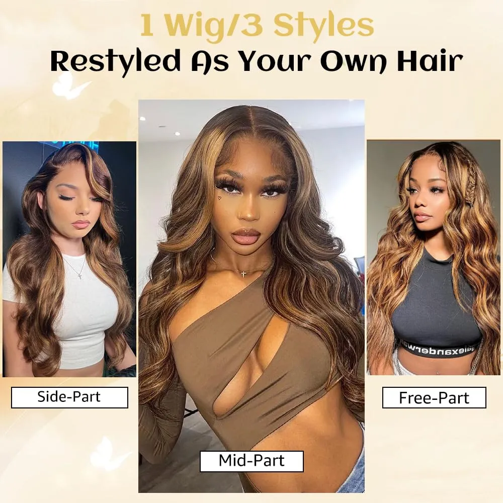 30Inch Ombre Lace Front Wig Human Hair Pre Plucked Highlight 13X4 Body Wave Lace Front Wigs Human Hair With Baby Hair 200% Density Honey Blonde 4/27 Colored Wigs For Women