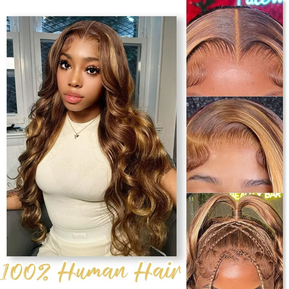 30Inch Ombre Lace Front Wig Human Hair Pre Plucked Highlight 13X4 Body Wave Lace Front Wigs Human Hair With Baby Hair 200% Density Honey Blonde 4/27 Colored Wigs For Women