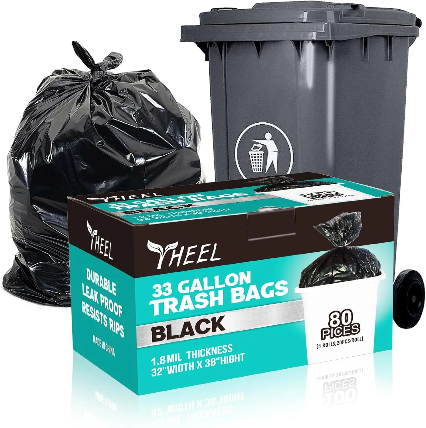 33 Gallon Trash Bags: Heavy Duty Black Garbage Bags Large Trash Bags for Lawn, Yard, Commercial, Outdoor - Thick 1.8 MIL (80 COUNT) - 32"x 38"
