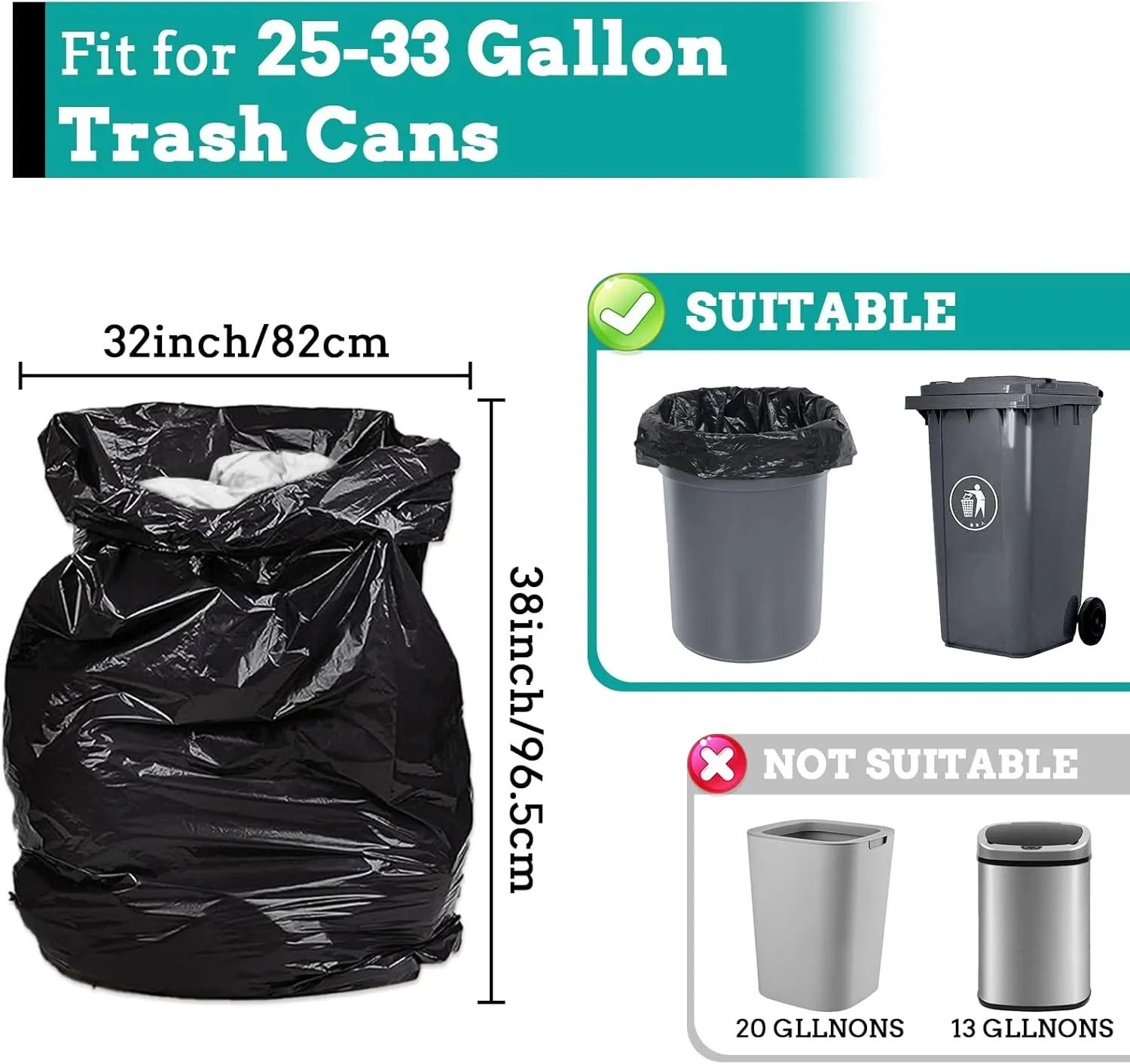 33 Gallon Trash Bags: Heavy Duty Black Garbage Bags Large Trash Bags for Lawn, Yard, Commercial, Outdoor - Thick 1.8 MIL (80 COUNT) - 32"x 38"