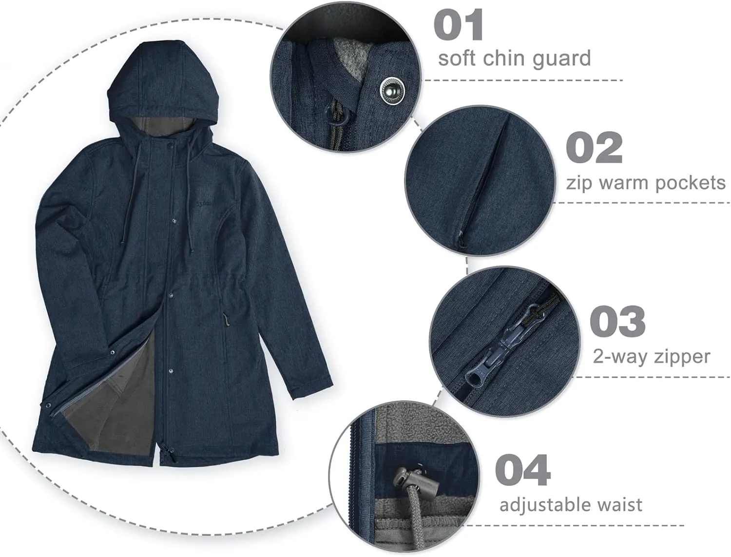 33,000ft Women's Softshell Long Jacket with Hood Fleece Lined Windproof Warm up Waterproof Windbreaker