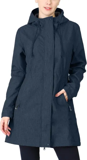 33,000ft Women's Softshell Long Jacket with Hood Fleece Lined Windproof Warm up Waterproof Windbreaker