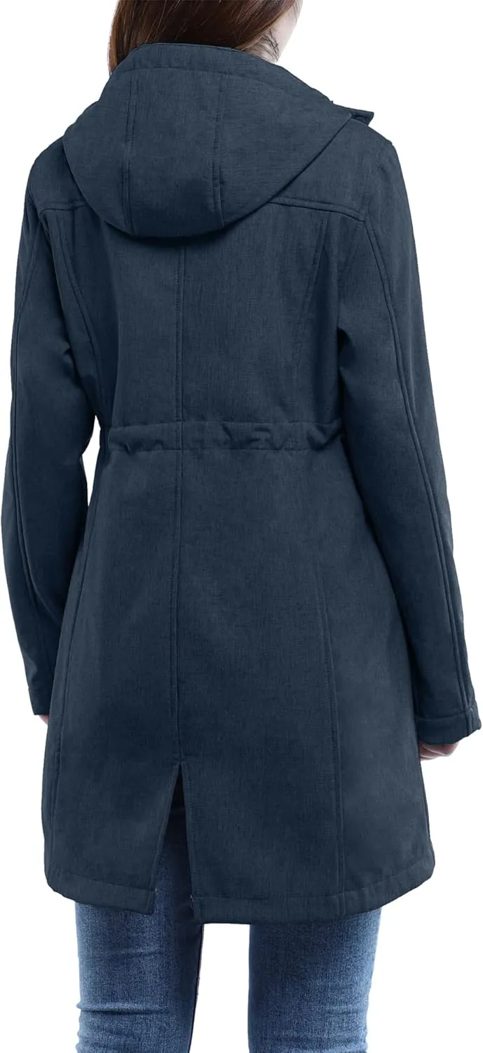 33,000ft Women's Softshell Long Jacket with Hood Fleece Lined Windproof Warm up Waterproof Windbreaker