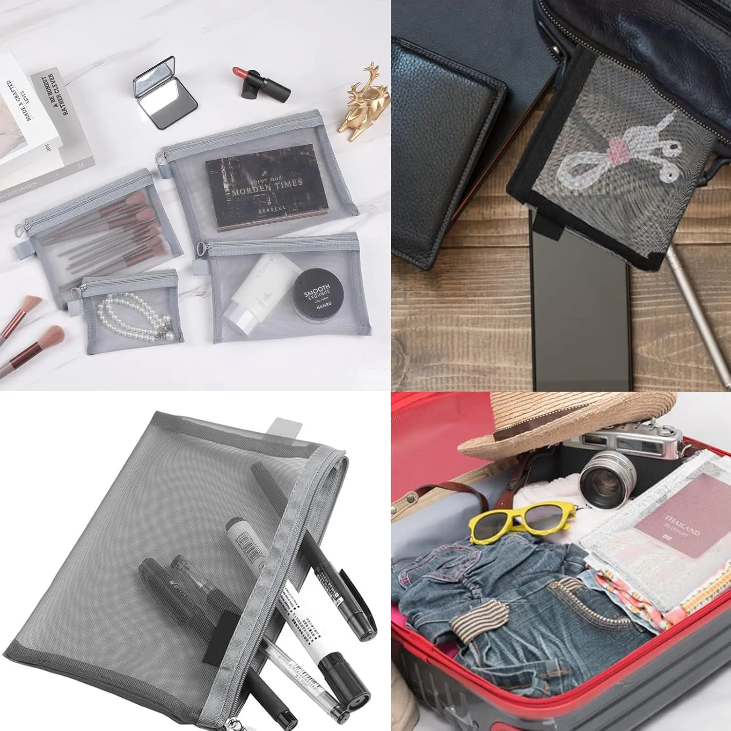 3PCS Small Make up Bag,Mesh Makeup Bags for Handbag, Cosmetic Pouch Bags with Zipper, Bag Organiser Pouches for Cosmetics Toiletries, Holiday Travel Essentials for Kids Women Men(Grey)