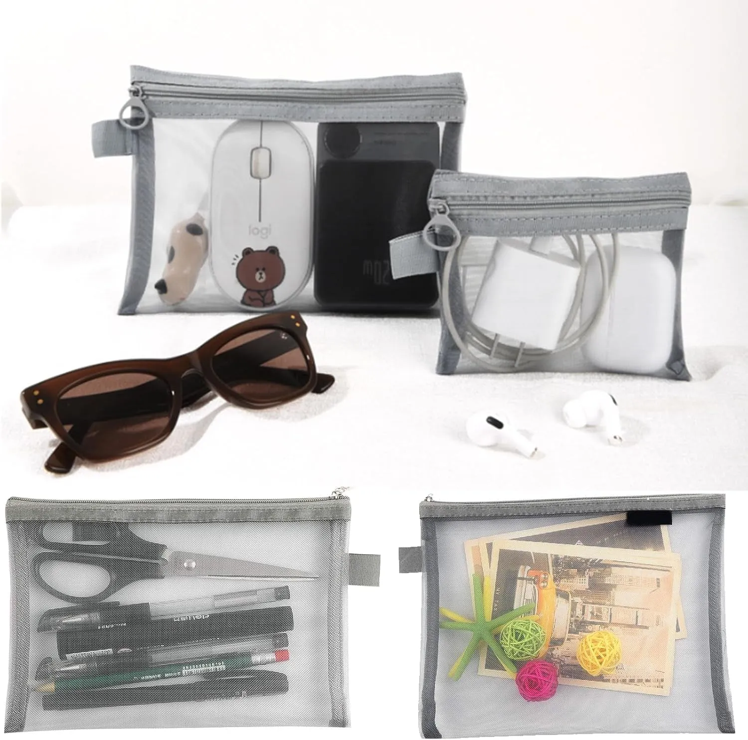 3PCS Small Make up Bag,Mesh Makeup Bags for Handbag, Cosmetic Pouch Bags with Zipper, Bag Organiser Pouches for Cosmetics Toiletries, Holiday Travel Essentials for Kids Women Men(Grey)