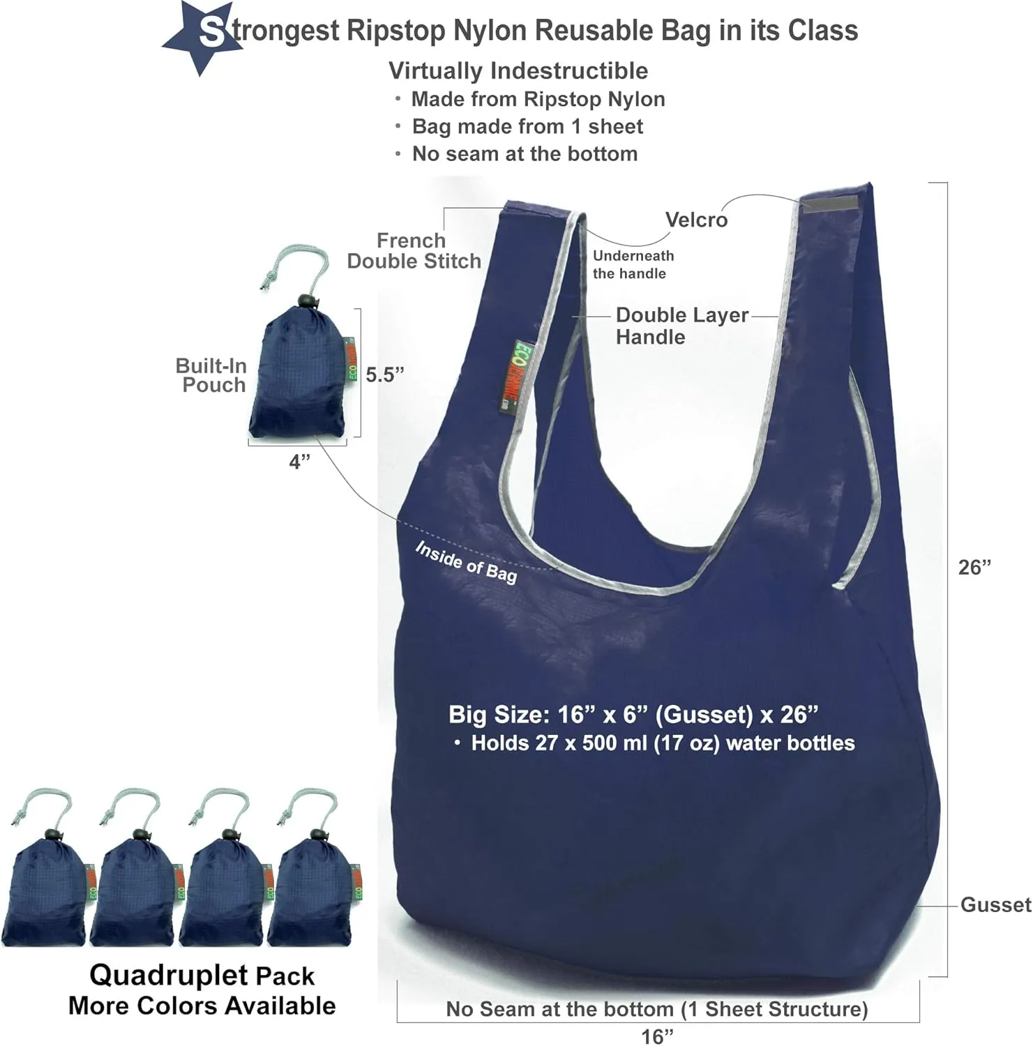 4 Pack Ripstop Nylon Foldable Reusable Bags, Lightweight Grocery Shopping Bag, built-in Pouch, RBS046 (Navy, Navy, Navy, Navy)
