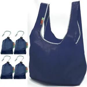 4 Pack Ripstop Nylon Foldable Reusable Bags, Lightweight Grocery Shopping Bag, built-in Pouch, RBS046 (Navy, Navy, Navy, Navy)
