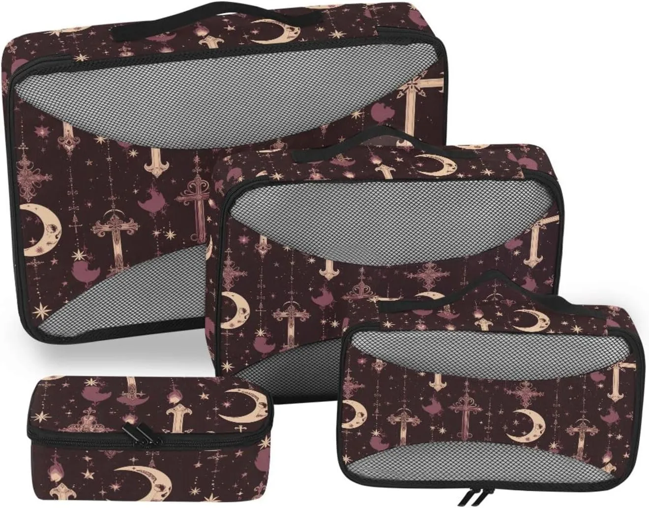 4 Pcs set organizer bags for Mesh Travel Essentials Gothic Darkness Moon Cross Purple lightweight compression packing cubes