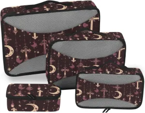 4 Pcs set organizer bags for Mesh Travel Essentials Gothic Darkness Moon Cross Purple lightweight compression packing cubes