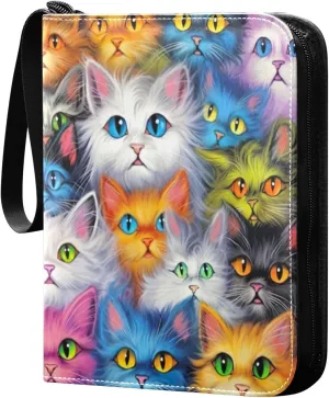 4 Pocket Card Binder with 50 Removable Sleeves Funny Cats Colorful Trading Card Binder Collector Card Album for 400 Game Sports Cards