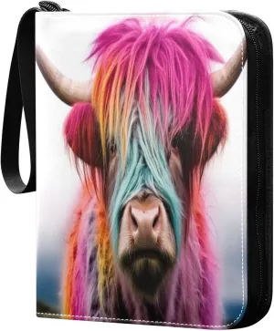 4 Pocket Card Binder with 50 Removable Sleeves Highland Cow Colorful Trading Card Binder Collector Card Album for 400 Game Sports Cards