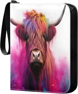 4 Pocket Card Binder with 50 Removable Sleeves Highland Cow Colorful Trading Card Binder Collector Card Album for 400 Game Sports Cards