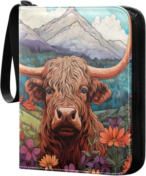 4 Pocket Card Binder with 50 Removable Sleeves Highland Cow Oil Painting Trading Card Binder Collector Card Album for 400 Game Sports Cards