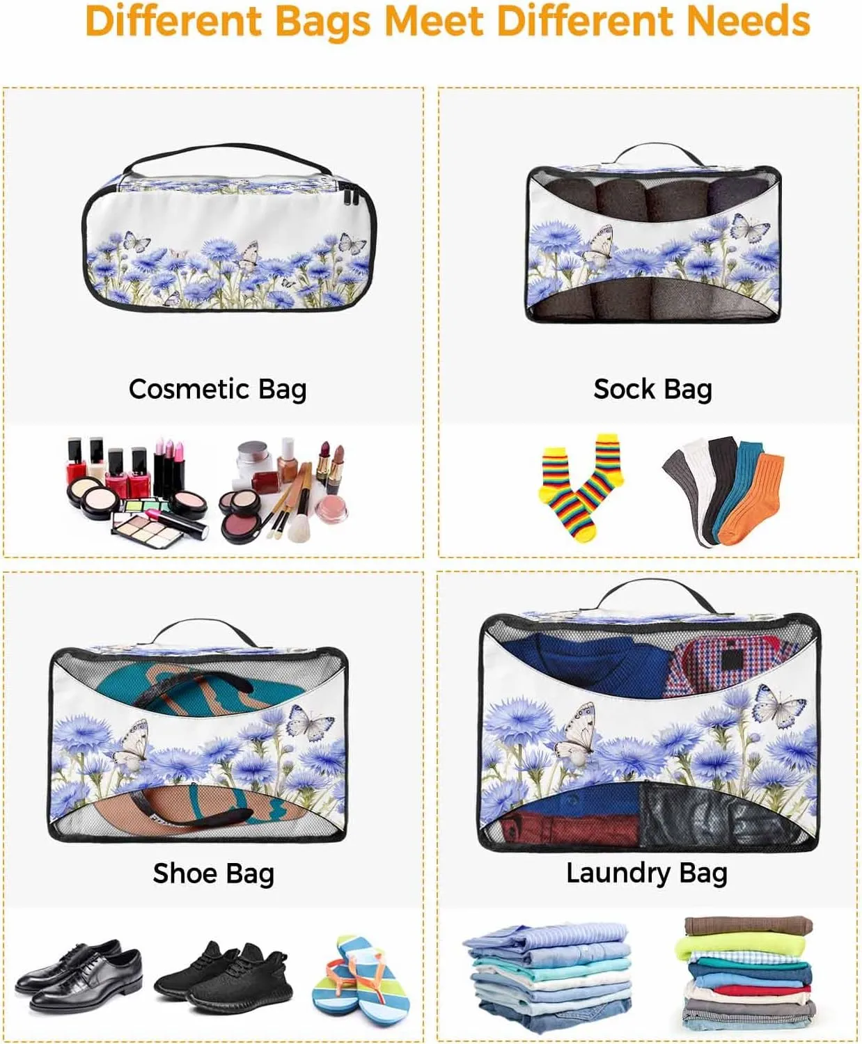 4 Set Packing Cubes - Spring Watercolor Blue Flowers Butterfly White Packing Cubes for Carry on Suitcase Lightweight Travel Essential Bag for Clothes Shoes Cosmetics Toiletry