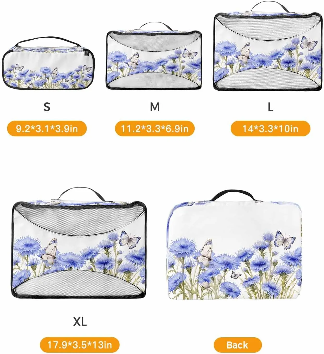 4 Set Packing Cubes - Spring Watercolor Blue Flowers Butterfly White Packing Cubes for Carry on Suitcase Lightweight Travel Essential Bag for Clothes Shoes Cosmetics Toiletry