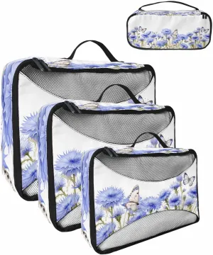 4 Set Packing Cubes - Spring Watercolor Blue Flowers Butterfly White Packing Cubes for Carry on Suitcase Lightweight Travel Essential Bag for Clothes Shoes Cosmetics Toiletry