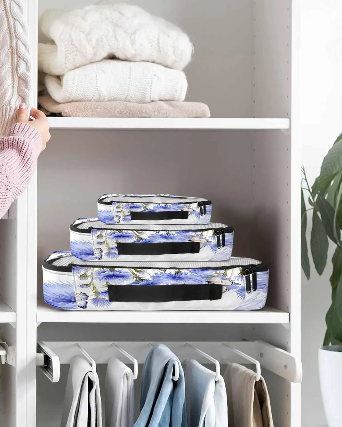 4 Set Packing Cubes - Spring Watercolor Blue Flowers Butterfly White Packing Cubes for Carry on Suitcase Lightweight Travel Essential Bag for Clothes Shoes Cosmetics Toiletry