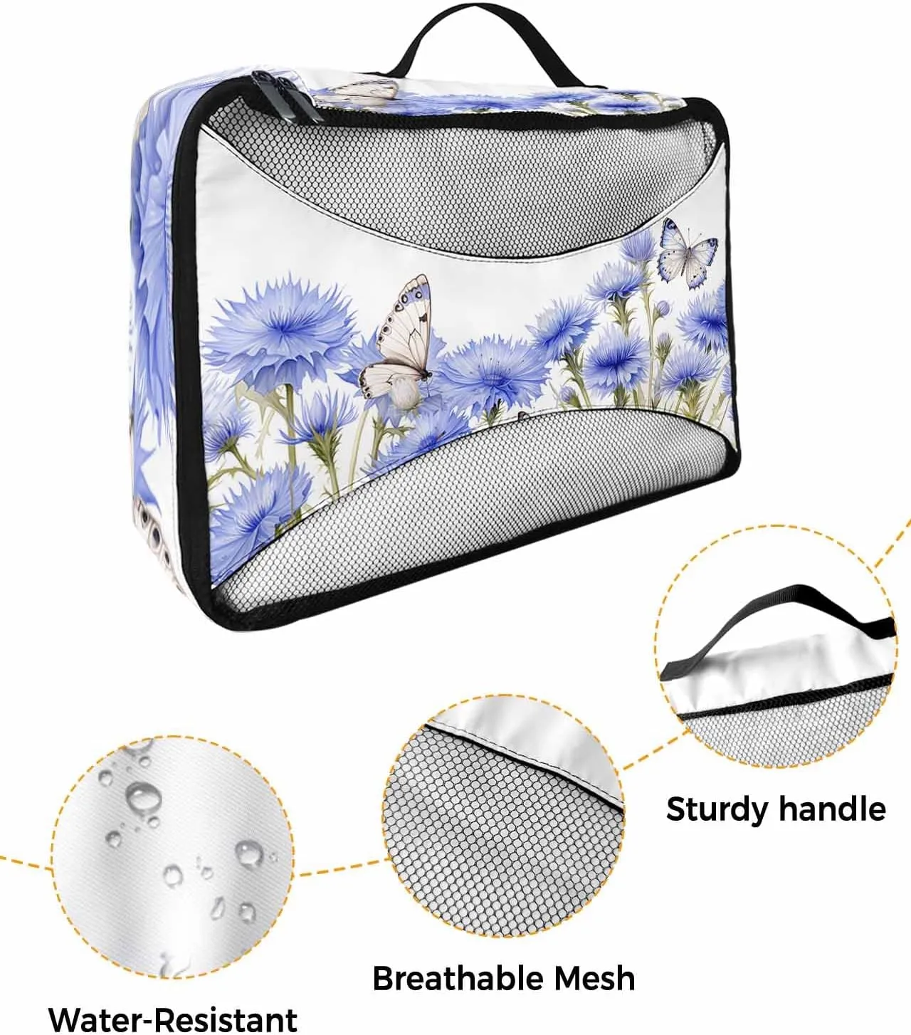 4 Set Packing Cubes - Spring Watercolor Blue Flowers Butterfly White Packing Cubes for Carry on Suitcase Lightweight Travel Essential Bag for Clothes Shoes Cosmetics Toiletry