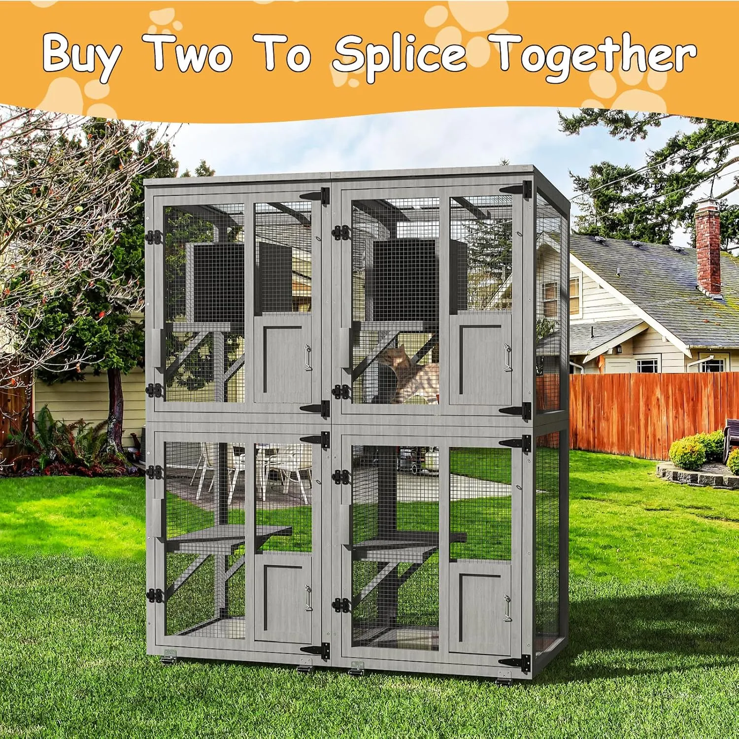4 Tiers Catio Outdoor Cat Enclosure, Outdoor Cats House with 4 Wheels, Cat Enclosure Window Access with Removable Floor, Upgraded Resting Box, Waterproof Roof, Wooden Indoor Pet Cage, Grey