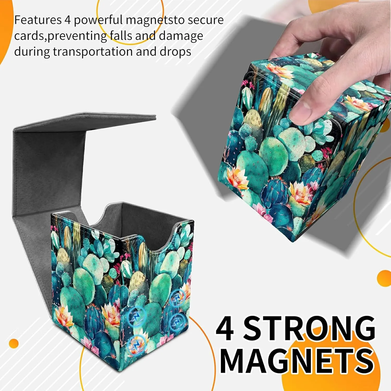 4.13x3.07x3.26 inch Card Deck Box Trading Cards Storage Box with Strong Magnet Premium Case Commander Deck Box Storage Cover for TCG CCG Magic Cards,Colorful Cactus