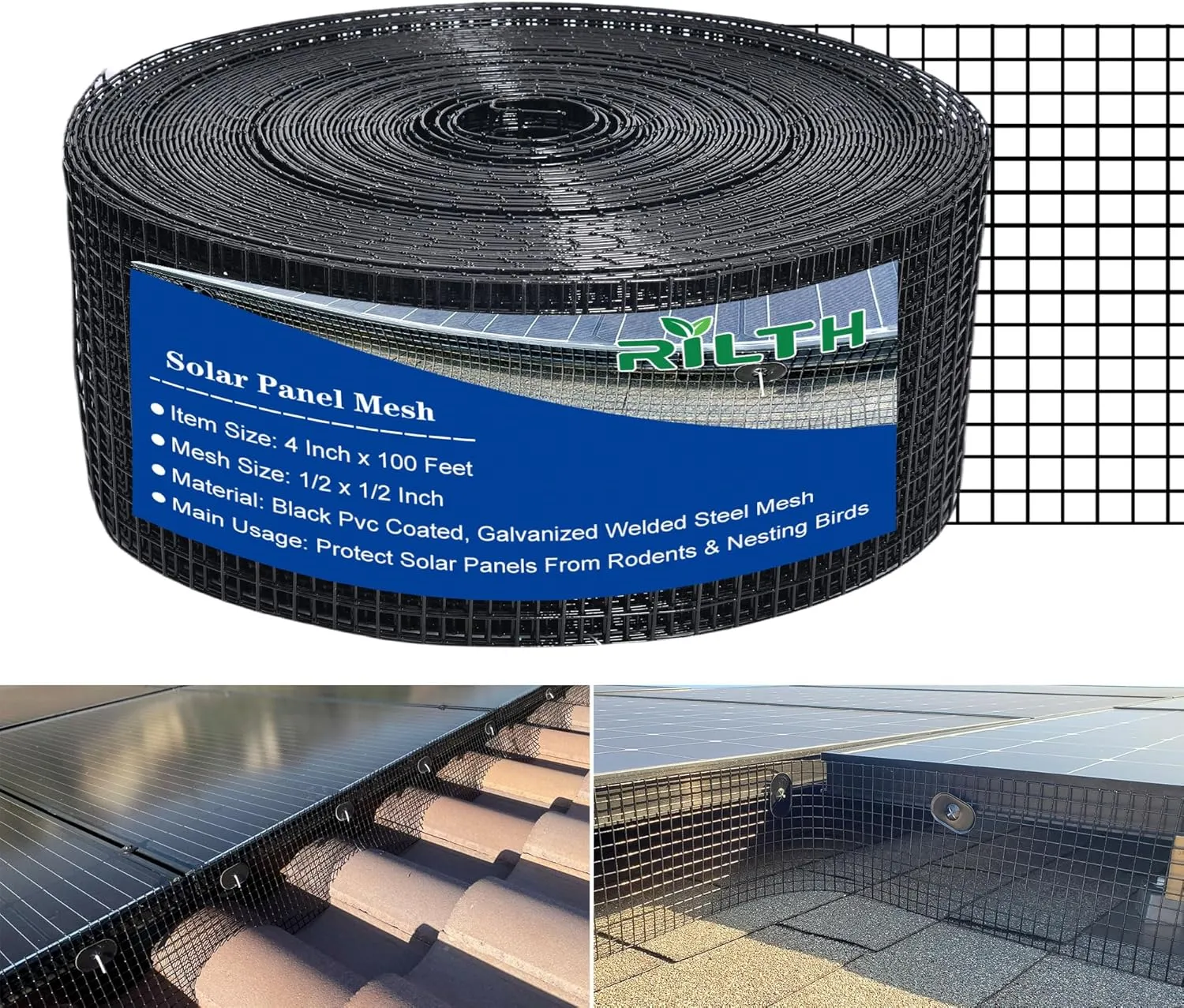 4in X 100ft Critter Guard for Solar Panels, 1/2inch PVC Coated Solar Panel Guard, Wire Mesh Roll Kit for Solar Panels, Black Pigeon Barrier Netting (Only Solar Panel Mesh, No Clips)
