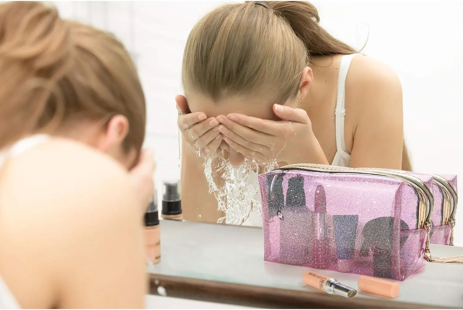 4Pcs Waterproof Cosmetic Bags PVC Transparent Zippered Toiletry Bag with Handle Strap Portable Clear Makeup Bag Pouch for Bathroom, Vacation and Organizing