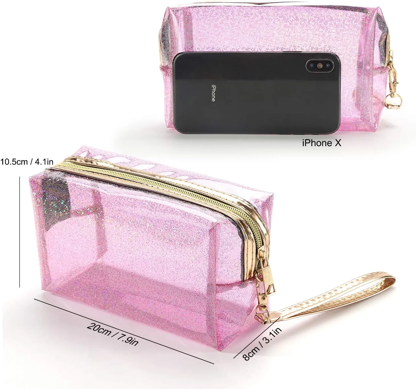 4Pcs Waterproof Cosmetic Bags PVC Transparent Zippered Toiletry Bag with Handle Strap Portable Clear Makeup Bag Pouch for Bathroom, Vacation and Organizing