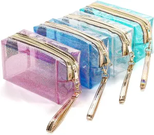 4Pcs Waterproof Cosmetic Bags PVC Transparent Zippered Toiletry Bag with Handle Strap Portable Clear Makeup Bag Pouch for Bathroom, Vacation and Organizing