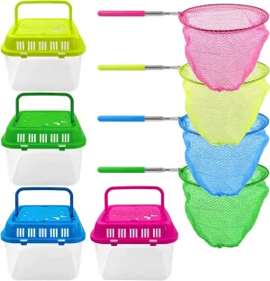 4Sets Catch and Release Plastic Beach Aquarium Kit,Great Concept for Catching and Release,Clear and Transparent Portable Handheld Tank with Retractable net Bag for Beach, Pool and Lake