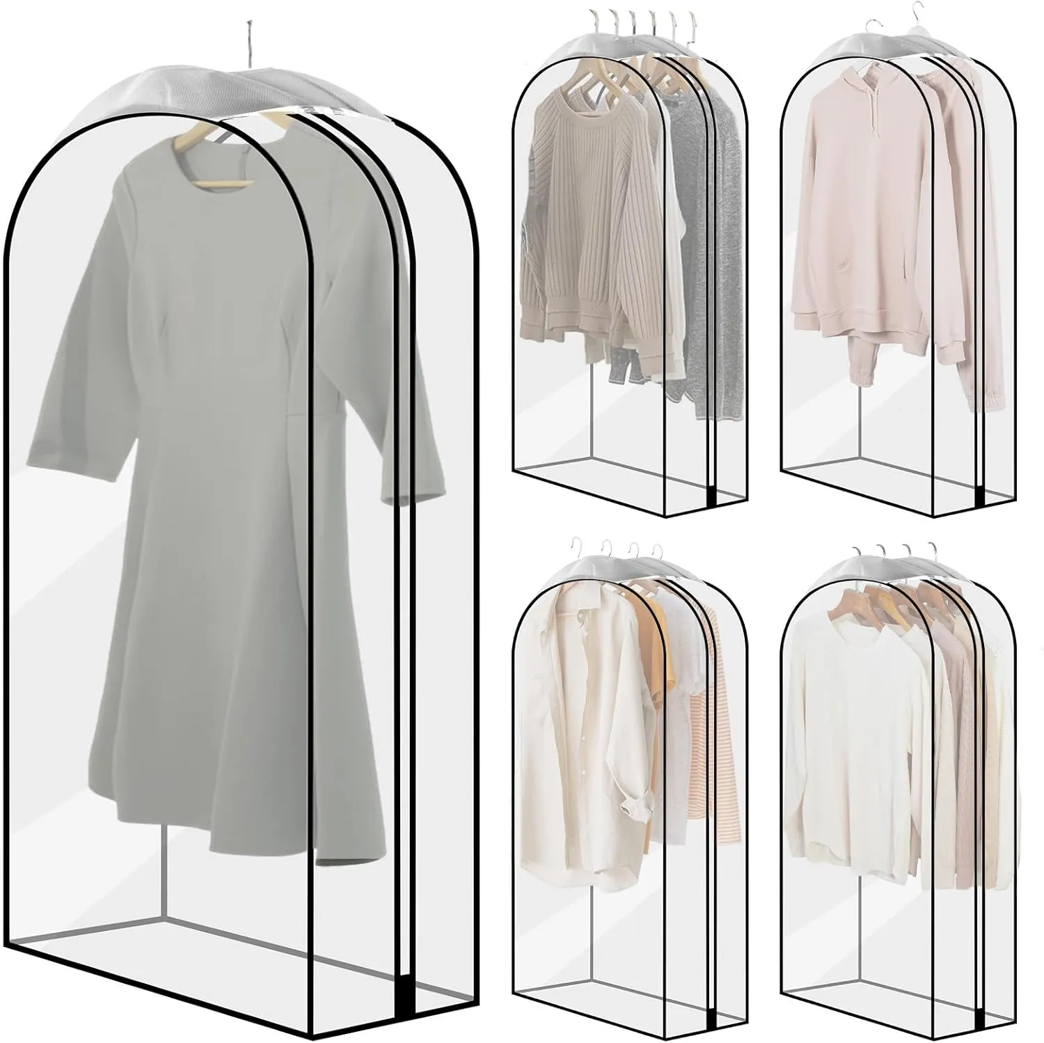 5 Packs All Clear Garment Bags for Hanging Clothes 40" Gusseted Suit Bags for Closet Storage Plastic Clothes Storage Bags with Side Zipper for Hanging Suit Coats, Shirts, Dresses Clothing