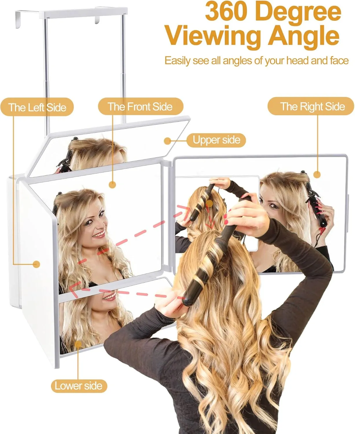 5 Way Mirror with Light for Self Hair Cutting, 360° Barber Mirror for Men Shaving, Makeup Mirror with Height Adjusta for Braiding Hair Styling Dye Hair for Women (White with LED)