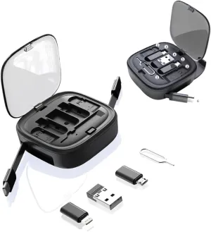 6 in1 USB Adapter Retractable Charging Cable Kit,USB C to Lighting Adapter,USB-A & Type-C to Type C/Micro/Lighting,Data Transfer,Card Storage Box, Phone Holder (Black)