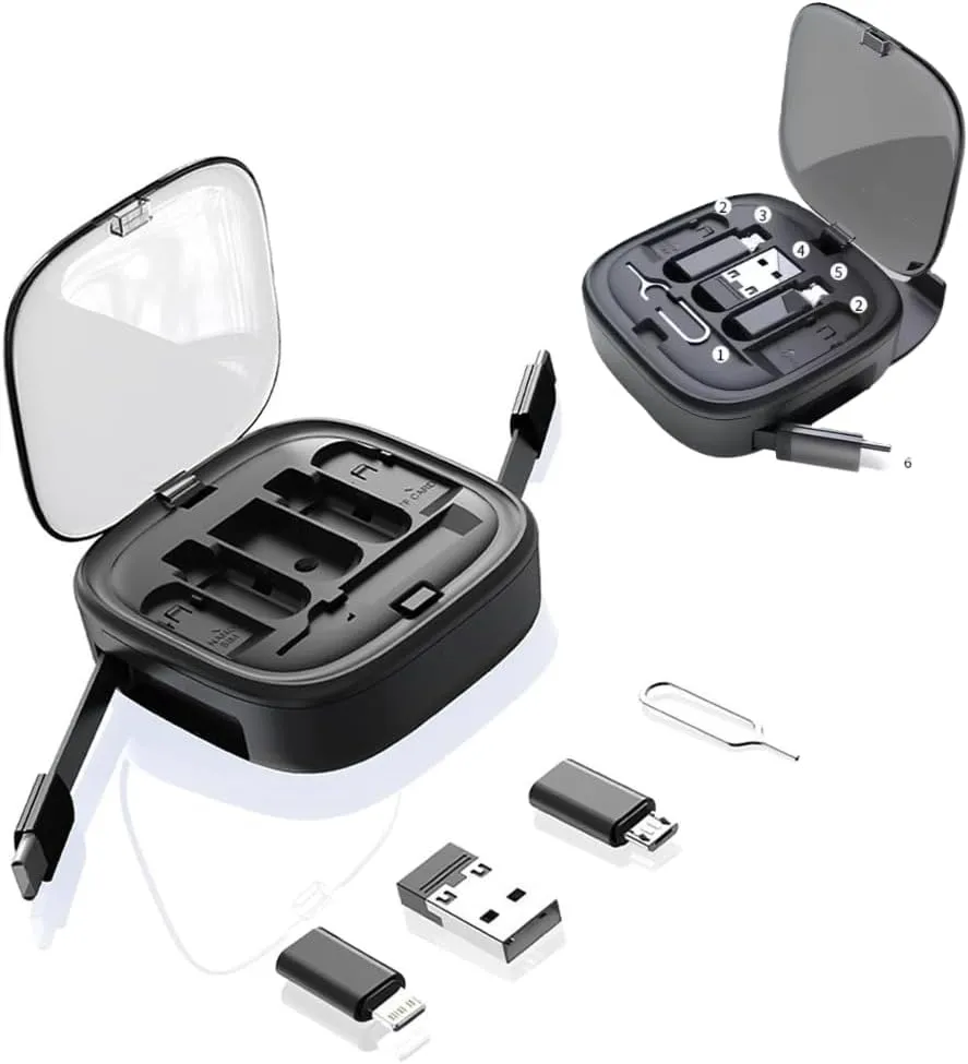 6 in1 USB Adapter Retractable Charging Cable Kit,USB C to Lighting Adapter,USB-A & Type-C to Type C/Micro/Lighting,Data Transfer,Card Storage Box, Phone Holder (Black)