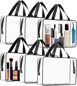 6 Pieces Large Clear Makeup Cosmetic Toiletry Bag with Zipper,Reusable Thick PVC handbags,Waterproof Transparent Plastic Storager for Vacation Travel,Bathroom